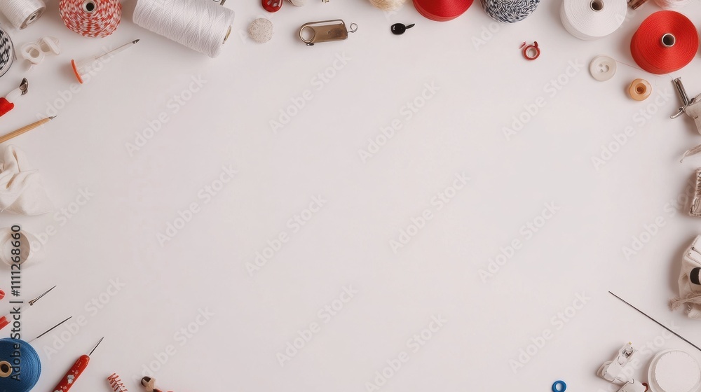 Aufkleber Sewing tools such as needles, colorful threads, and various buttons are neatly arranged on a white surface, ideal for design purposes. Generative AI