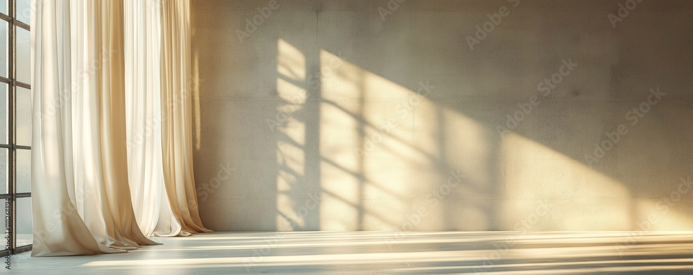 Poster empty room with light beige walls, floor. sunlight streams through sheer curtains casting geometric 