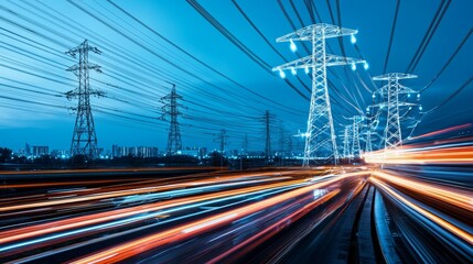 Power lines and vibrant light trails at night cityscape showcasing energy infrastructure and transportation. Urban technology concept