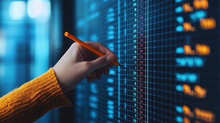 milestones achievement process Close-Up of a Hand Marking a Checklist on a Transparent Board with Data and Digital Information Visible in a Modern Office Environment