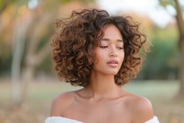 Fototapeta premium Portrait of woman with curly hair, outdoor setting, natural light, off-shoulder top, relaxed and serene expression, autumn vibes, glowing skin, elegant and minimalistic