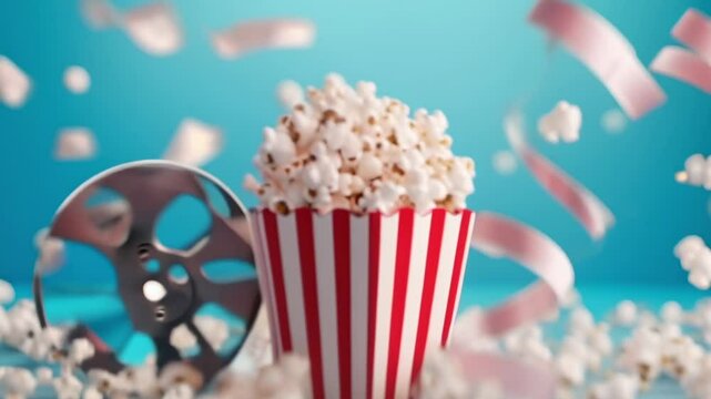 Popcorn box, film reel and movie tickets are flying on a blue background, creating a vibrant scene that captures the essence of cinema and entertainment
