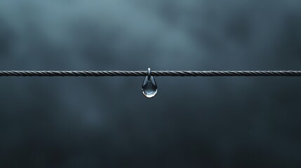 Fototapeta premium A single water drop hangs from a wire against a blue sky.