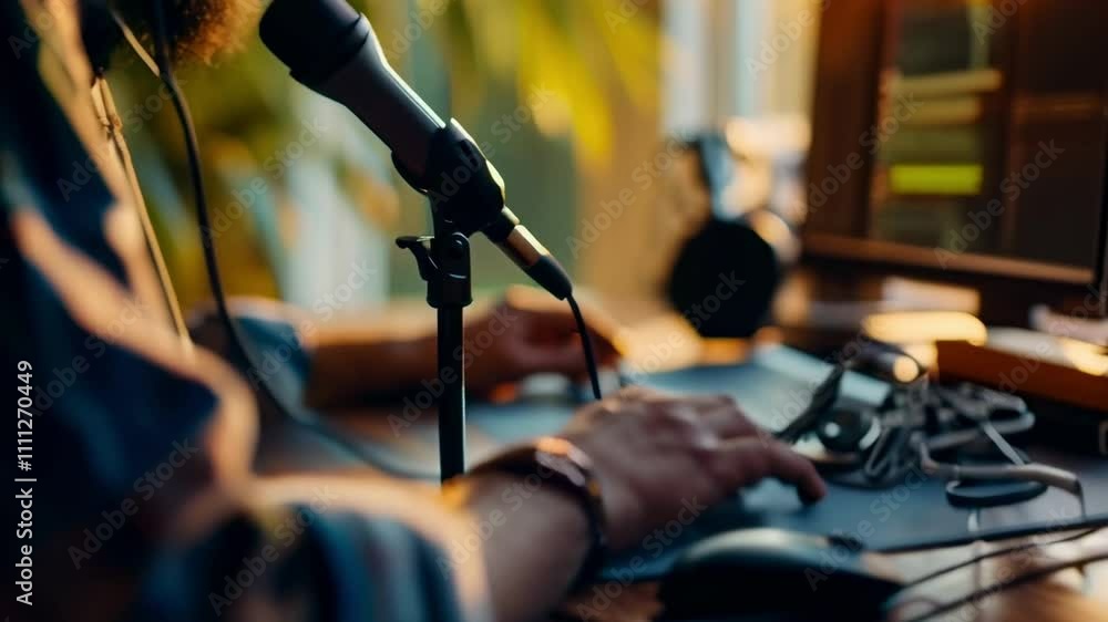 Poster Content creator using microphone and computer, recording audio content for podcast or online platform, working from home or studio