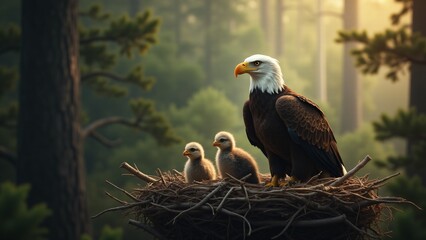 A mother bald eagle protecting her chicks in the nest, creating a tender and nurturing wildlife moment.