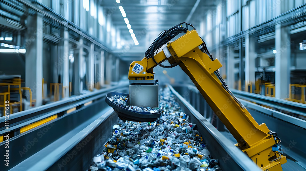 Poster a robotic arm sorting through a conveyor belt of recyclable materials in a facility.