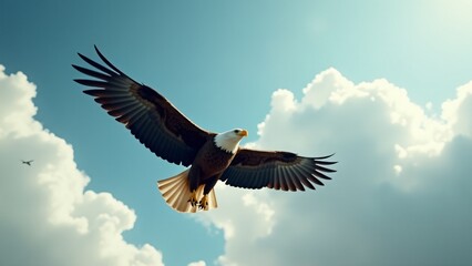 Obraz premium A bald eagle soaring through the sky, showcasing its powerful wings and majestic flight.