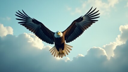Obraz premium A bald eagle soaring through the sky, showcasing its powerful wings and majestic flight.