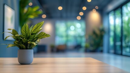 Modern office interior with plant on table.