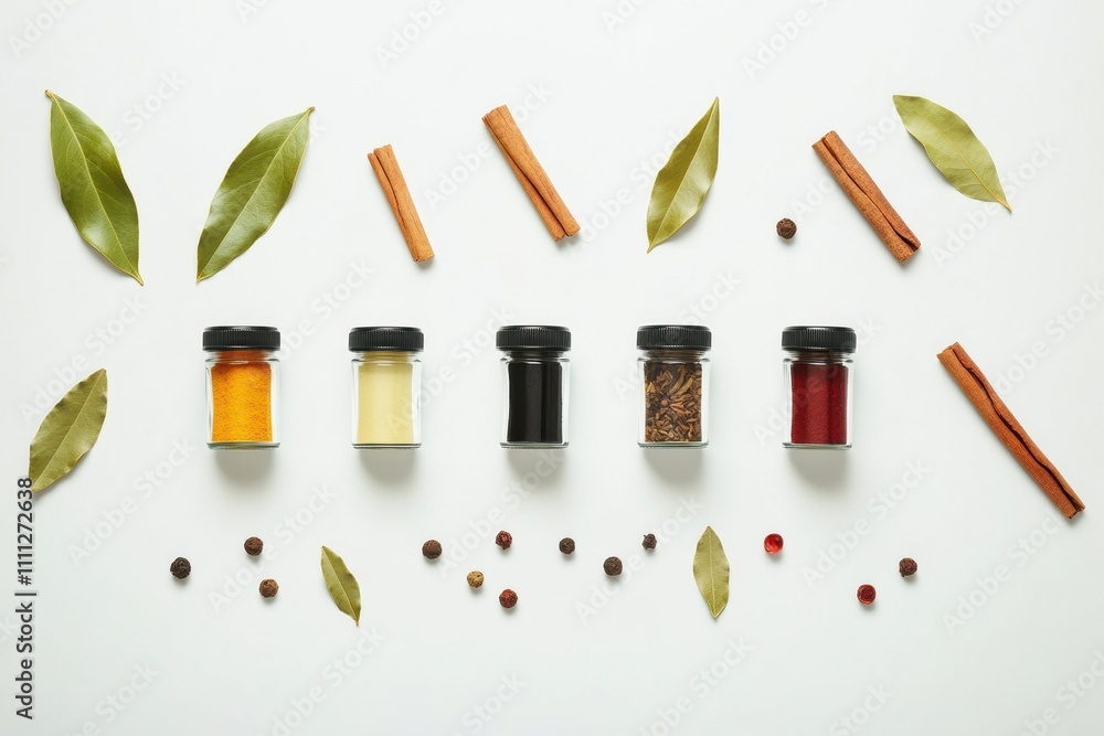 Poster Small jars filled with colorful spices are displayed alongside bay leaves and cinnamon sticks, creating an aromatic arrangement with space for text. Generative AI