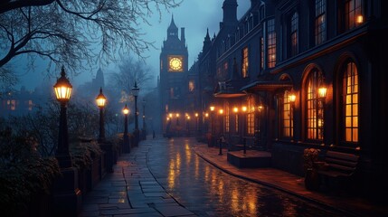 Fototapeta premium Rainy evening in Victorian London. Gas lamps illuminate historic buildings. Cobblestone street reflects warm light. Moody atmosphere. Person walks by. Evening scene. Historic architecture. Romantic