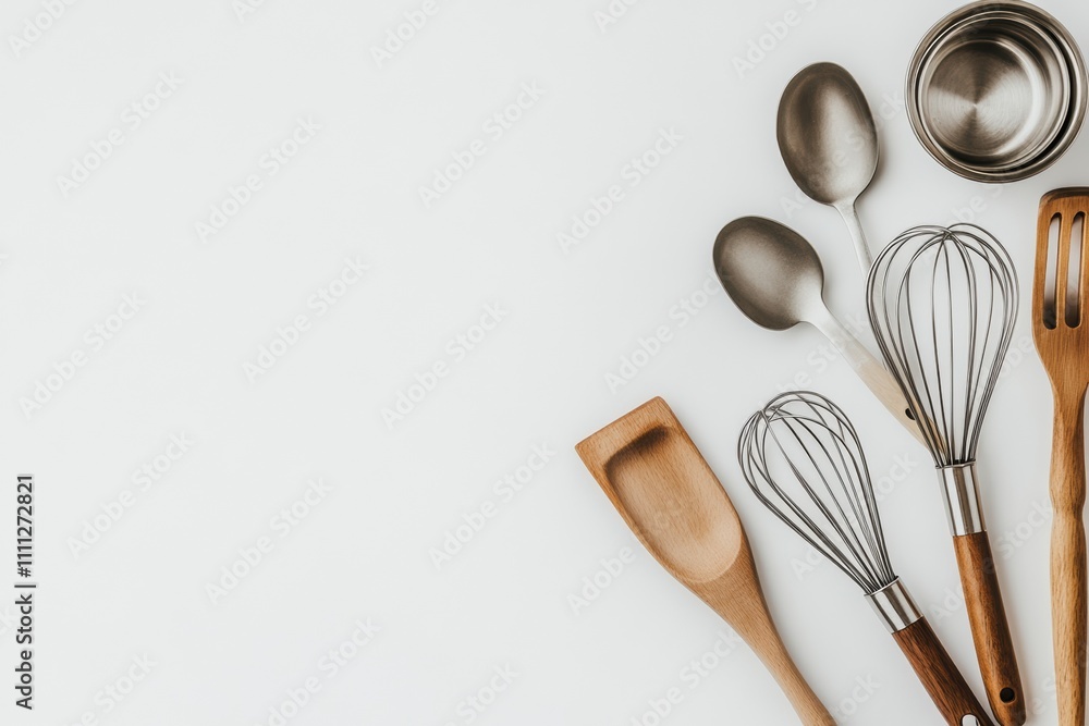 Poster flat lay arrangement of various kitchen utensils including spatulas, whisks, and pots on a white bac