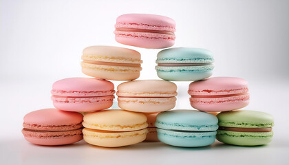 Obraz premium Pastel colored macarons arranged like a pyramid on a white background