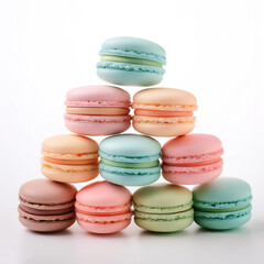 Obraz premium Pastel colored macarons arranged like a pyramid on a white background