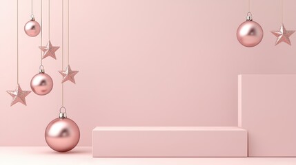 Elegant holiday decor with rose gold ornaments minimalist studio modern aesthetic soft light