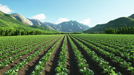 Regenerative farming, with lush, thriving rows of diverse crops growing in rich, healthy soil. The landscape blends seamlessly with the natural contours of distant mountains