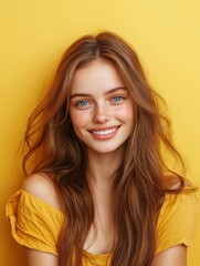 Naklejka premium Happy dreamy young woman embraces herself with cheerful expression concentrated away has blue eyes long hair expresses self care dressed in casual clothes copy space on left against yellow wall