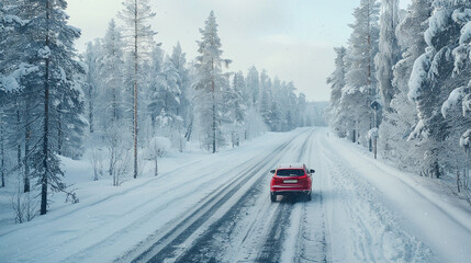 Car Driving on a Snow Covered Road