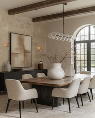 an editorial photograph of a bright grand dining room with a tall ceiling.