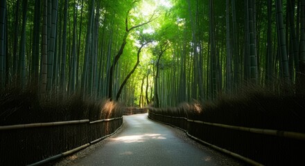 Fototapeta premium A serene path in a bamboo forest with sunlight filtering through