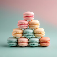 Obraz premium Pastel colored macarons arranged like a pyramid on a minimalis background
