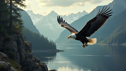 Fototapeta premium A bald eagle in the wild, with mountains and rivers in the background, emphasizing its natural majesty.