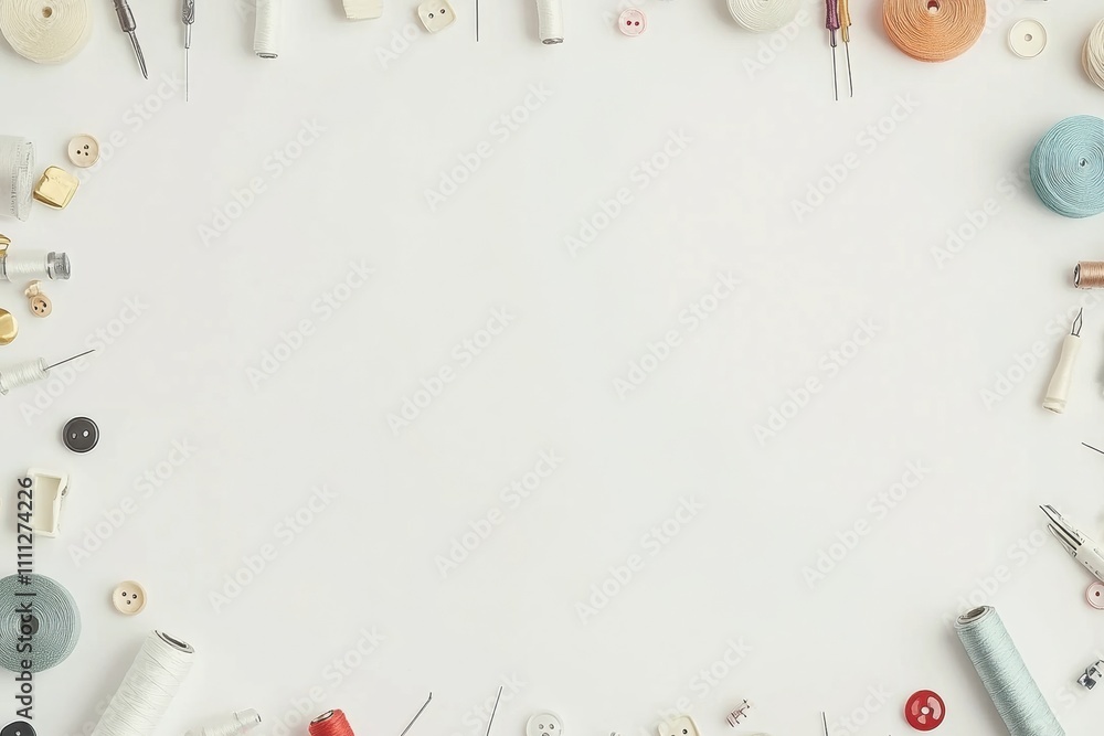 Aufkleber various sewing essentials like buttons, threads, and needles are neatly arranged on a blank white ba