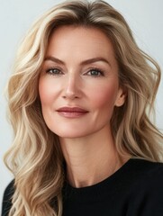 Naklejka premium Happy smiling attractive 50s middle aged blonde woman looking at camera advertising antiage face skin and aging hair care treatment and cosmetics isolated on white background. Close up portrait.