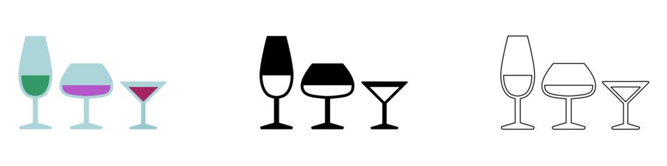 different wineglass or champagne glasses, liquor Alcohol and cocktail drink menu , Celebration, party, holiday vector pictogram sign icon symbol ui and ux design, glyphs and stroke line