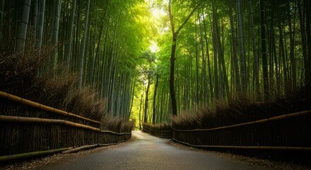 Fototapeta premium A serene path in a bamboo forest with sunlight filtering through