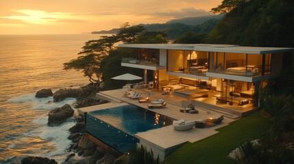 Luxurious oceanfront villa at sunset with infinity pool.