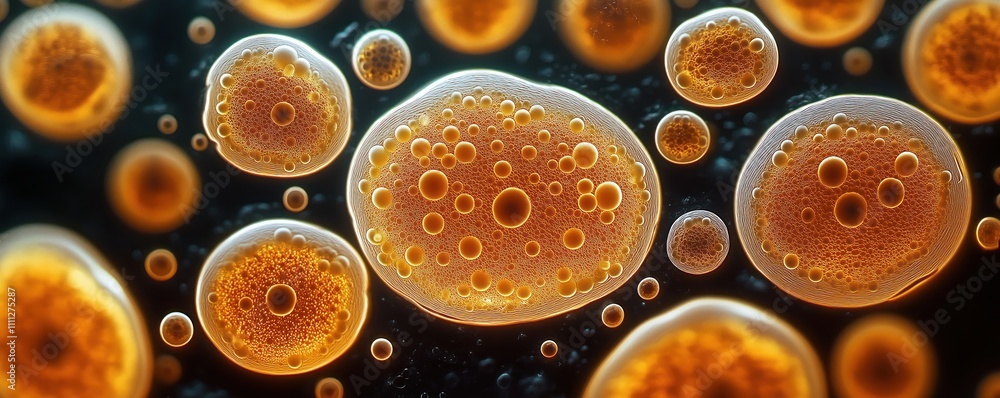 Poster Macro photo of oval-shaped yeast cells. Cells brownish-gold, small surface punctations. Complex patterns of small round structures visible on cells surface. Microbiology, science, bio-technology,