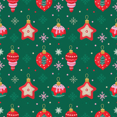 Seamless New Year's contrast pattern with red New Year's toys on a green background. Bright background or wallpaper for your projects