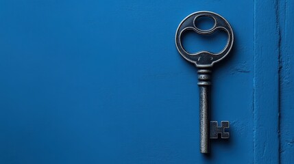 A key against a blue background, symbolizing safety and data protection in digital and cyber...