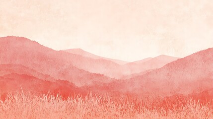 Fototapeta premium A panoramic view of a mountain range with a soft, hazy sky in a warm coral hue.
