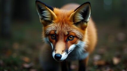 Fototapeta premium A close-up of a fox’s face, emphasizing its bright eyes and distinctive fur, with a blurred natural background.