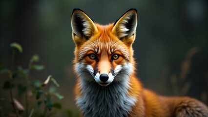 Obraz premium A close-up of a fox’s face, emphasizing its bright eyes and distinctive fur, with a blurred natural background.