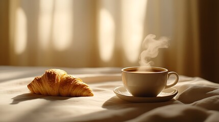 A cozy breakfast scene featuring a steaming cup of coffee and a buttery croissant.