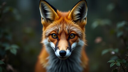 Fototapeta premium A close-up of a fox’s face, emphasizing its bright eyes and distinctive fur, with a blurred natural background.