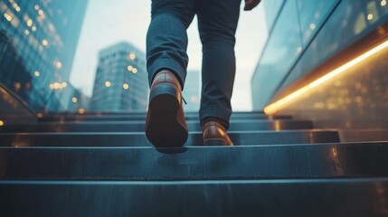 Fototapeta premium Man walking up city stairs at sunset.