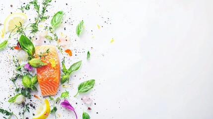 Healthy salmon dish preparation kitchen food photography bright environment top view culinary art
