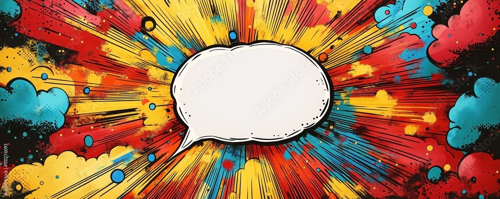Poster colorful comic book explosion with dynamic pop art elements. blank white speech bubble in center cre