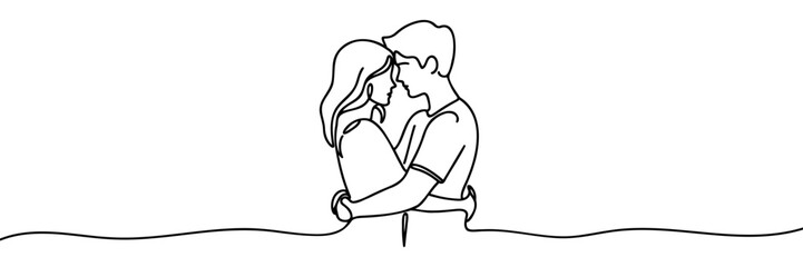 Single line drawing of a cute beautiful couple. Couple hugging Continuous one line drawing