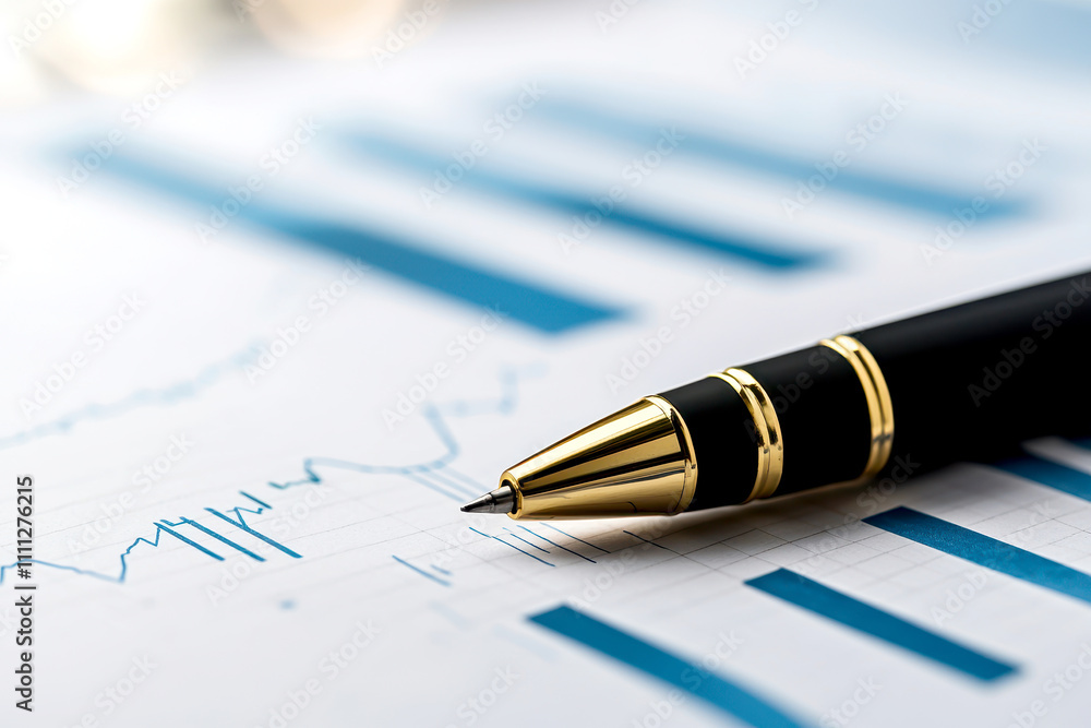 Poster pen write paper chart concept. pen resting on a financial report with blue graphs and charts.