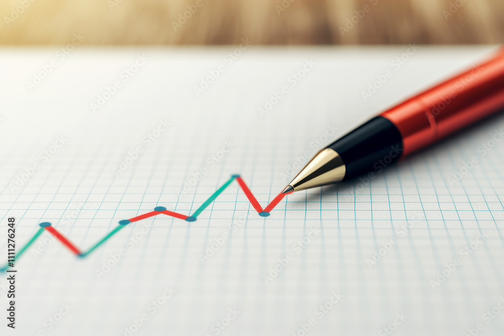 Poster pen write paper chart concept. analysis of a pen on graph paper illustrating an upward trend.