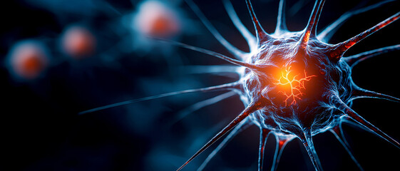 Concept of complications of diabetes, high blood sugar. Conceptual close-up image of nerve cells affected by high levels of glutamate, highlighting cellular structures and interactions.