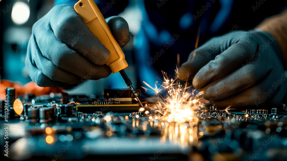 Poster troubleshooting concepts for industrial electricians. close-up of a technician soldering on a circui