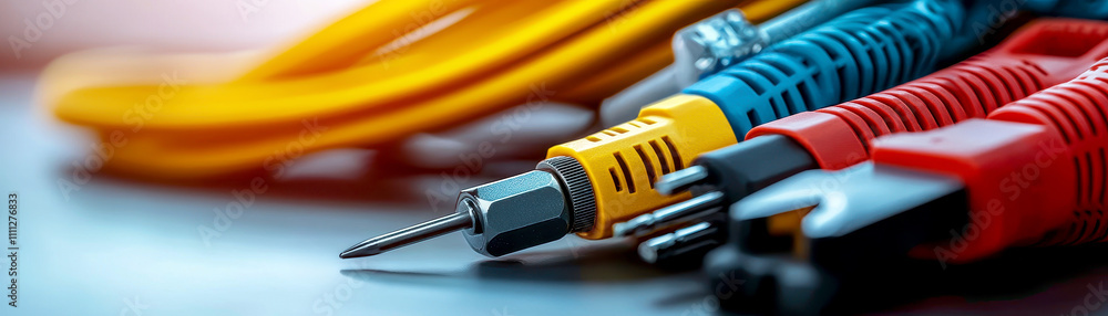 Aufkleber troubleshooting concepts for industrial electricians. tools and cables arranged neatly on a surface 