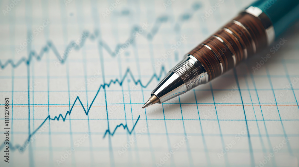 Poster pen write paper chart concept. pen on graph paper with fluctuating financial data lines.