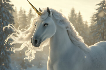 Fototapeta premium Beautiful white unicorn with flowing on a wind mane. Snowy forest on background with morning fog.